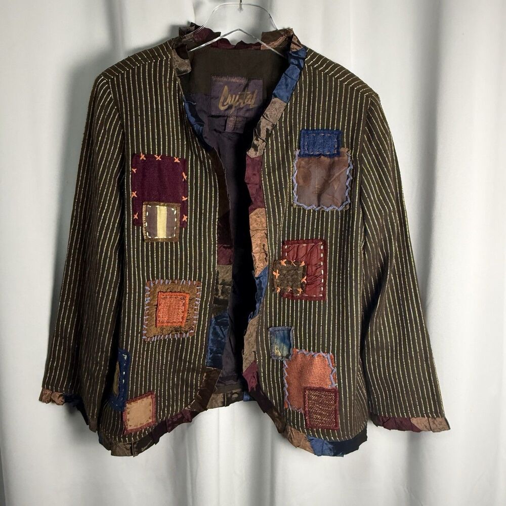 Vintage Sharon Anthony By Crystal Patchwork Brown Strip Open Jacket Sz Large